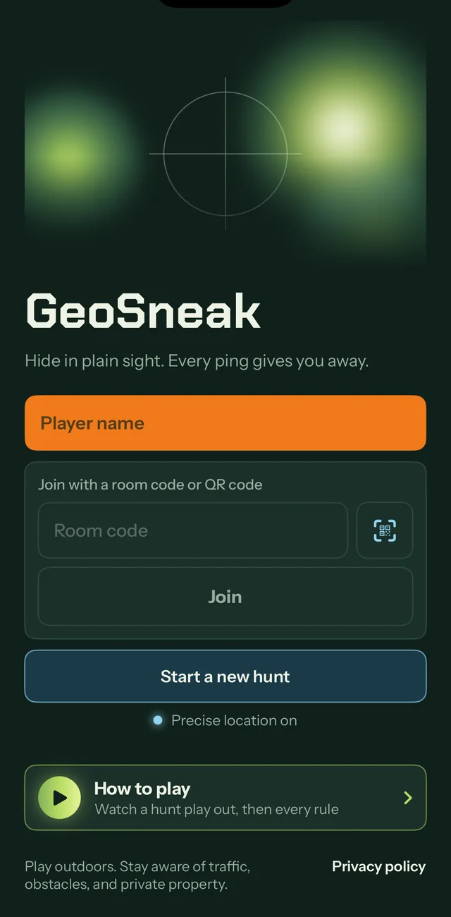 GeoSneak home screen with join and start options